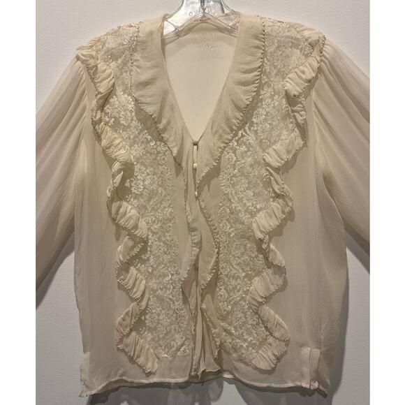 Unlabeled Vintage Cream Chiffon Lace Ruffle Blouse with Double Cuffs medium - Picture 6 of 15